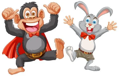 Super Monkey and Happy Rabbit Friends Illustrazione stock