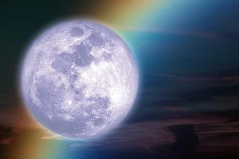 Super moon and rainbow light back on dark night sky Stock Illustration