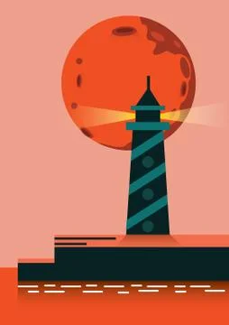 Super moon rising over lighthouse. Stock Illustration