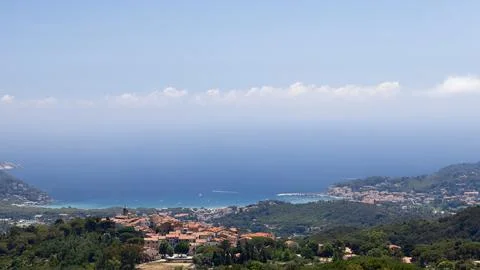 Super panorama of two tiny neighboring villages Sant'ilario in Campo Stock Photos