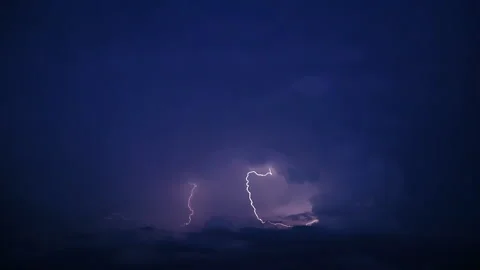 Super powerful multiple lightning strike spreading across the night sky Stock Footage 143435317