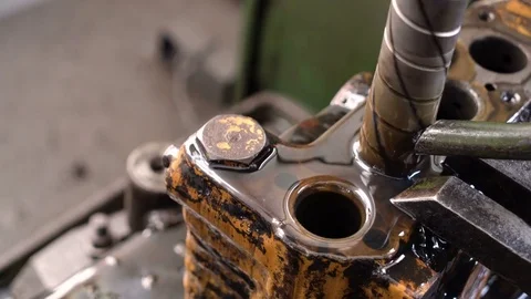 Super-precision boring of the inner surface of the block. Cnc machine. Oil Stock Footage 75235600