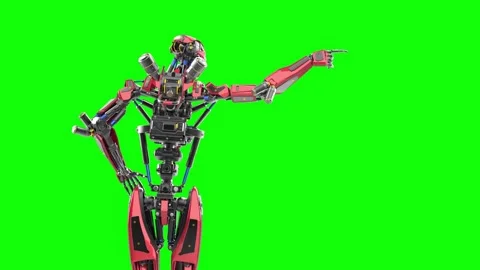 Super robot is showing the way on chroma key background rear view Stockbeeldmateriaal 171685134