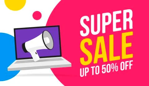 Super Sale message bubble speech vector illustration with bullhorn on laptop. Illustrazione stock