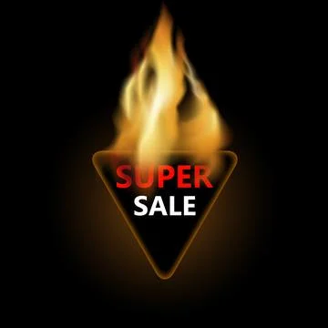 Super sale, triangular badge in fire for promotion discount Stock Illustration