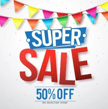 Super sale vector design with 50% off and hanging colorful streamers Stock Illustration