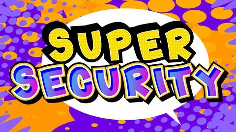 Super Security. Comic book word text on abstract comics background. Retro pop Stock Illustration