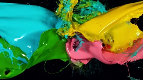 Super slow motion of abstract colored splashes collision on black background Stock Footage 138498058