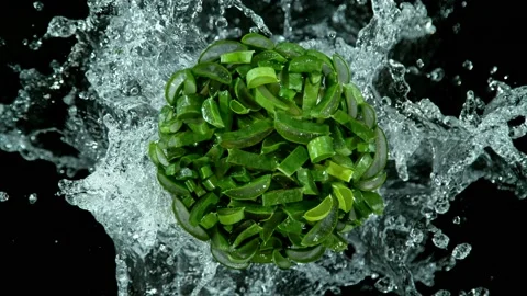 Super slow motion of aloe vera slices with splashing water. Stock Footage 223672685
