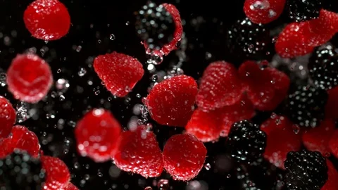 Super slow motion of berries with splashing water, black background. Stock Footage 119740925
