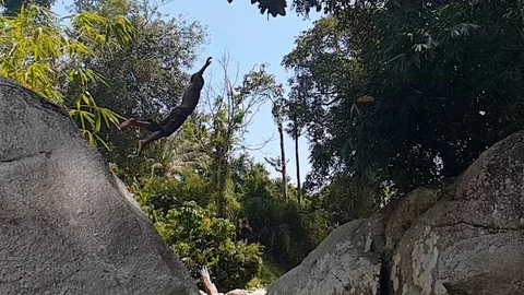 Super slow motion of a boy jumping from a rock. Stock Footage 115332262