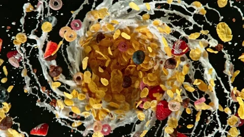 Super slow motion of cereal vortex explosion Stock Footage 134650874