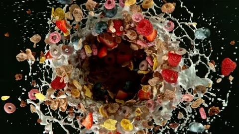 Super slow motion of cereal vortex explosion Stock Footage 134718356