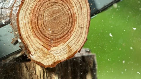 Super slow motion of chainsaw cutting the wooden log. Stock Footage 199097902