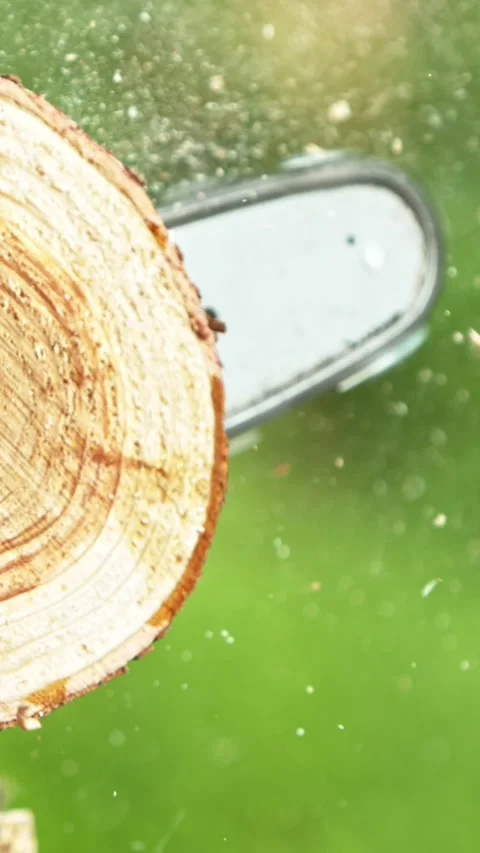 Super slow motion of chainsaw cutting the wooden log. Stock Footage 308371264