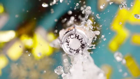 Super slow motion of Champagne explosion, opening champagne bottle closeup. Stock Footage 286107926