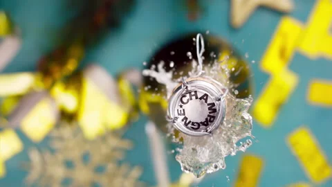Super slow motion of Champagne explosion, opening champagne bottle closeup.  Stock Footage 286108803