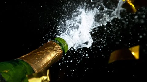 Super slow motion of Champagne explosion with flying cork closure Stock Footage 292818962