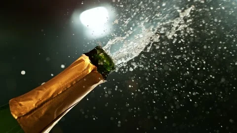 Super slow motion of Champagne explosion with flying cork closure Stock Footage 292967841