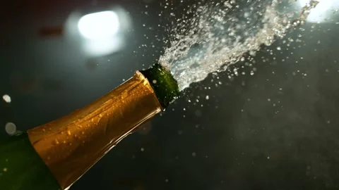 Super slow motion of Champagne explosion with flying cork closure Stock Footage 292967947