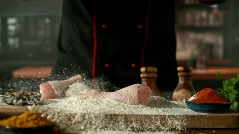 Super Slow Motion of Chef Throwing Raw Chicken Legs into Flour. Stock Footage 301325066