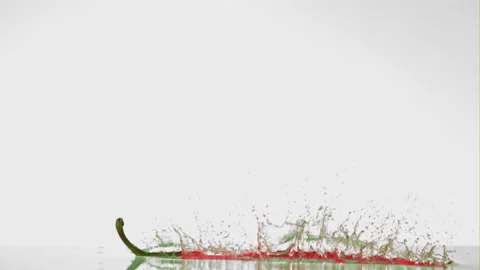 Super slow motion of chilli pepper falls on the water with spray. Filmed on a Stock Footage 153108860