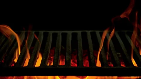 Super Slow Motion Close-Up of Hot Grill Grate with Flames and Glowing Embers at Vídeos de archivo 304783042
