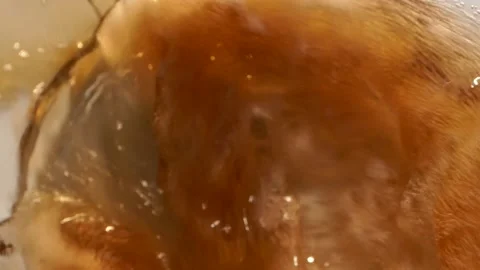 Super slow motion close up of pouring cola into a drinking glass with bubbles Stock Footage 153806804