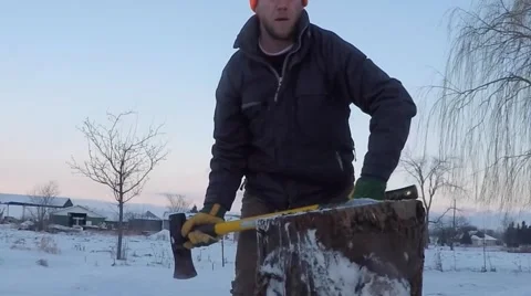 Super slow motion closeup of axe splitting wood Stock Footage 59081490