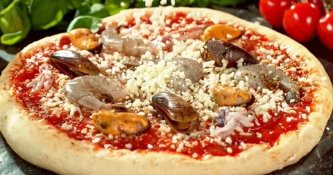 Super slow motion closeup of seafood pizza Stock Footage 328840795