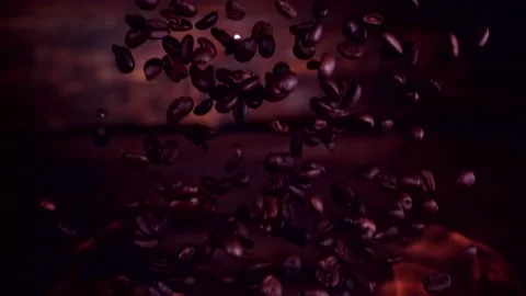 Super slow motion coffee beans falling on a wooden background 1000 fps Stock Footage 130966209