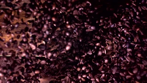 Super slow motion coffee beans falling on a wooden background 1000 fps Stock Footage 130966653