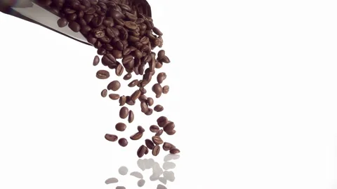 Super Slow Motion Coffee Beans falling from scoop on White Background at 1000fps Stock Footage 163723978