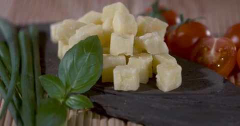Super Slow Motion Colorful Array Of Salad Components Artfully Presented On Slate 動画素材 334079477