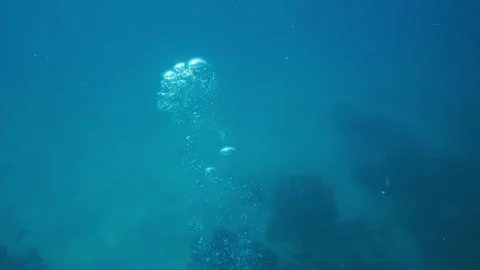 Super slow-motion of countless air bubbles floating upward through blue water Stock Footage 328366332
