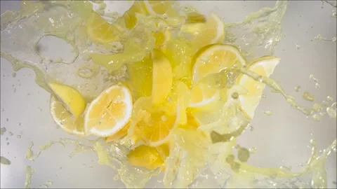Super Slow Motion of Explosion Lemon and Burst Juice and Slices Stock Footage 218809458