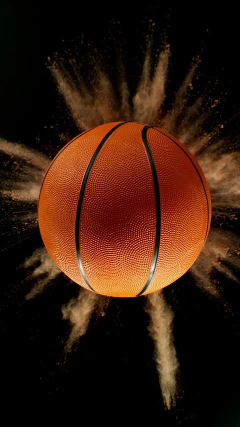 Super Slow Motion of Falling Basketball Ball with Powder Explosion, Top View. Stock Footage 305242775