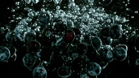 Super slow motion of falling blueberries into water on black background. Stock Footage 212017534