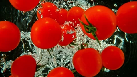 Super Slow Motion of Falling Cherry Tomatoes. Stock Footage 256213191