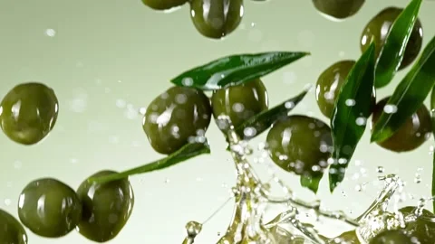 Super slow motion of falling green olives into oil. Stock Footage 195343975