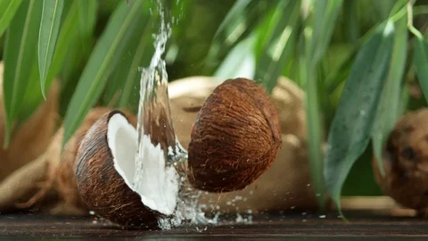 Super slow motion of falling halved coconut with splash Stock Footage 107039029