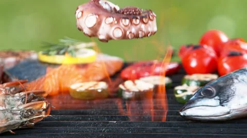 Super slow motion of falling octopus tentacle on grill grid. Stock Footage 154078146