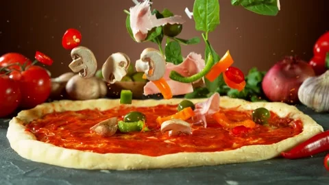 Super slow motion of falling pizza ingredients on yeast dough Stock Footage 132005918