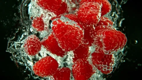 Super Slow Motion of Falling Raspberries Into Water on Black Background. Stock Footage 256215094