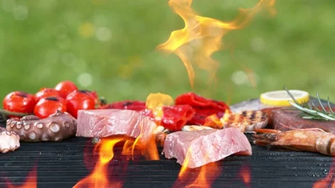Super slow motion of falling raw tuna steak on grill grid. Stock Footage 154079167
