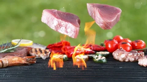 Super slow motion of falling raw tuna steak on grill grid. Stock Footage 154079552