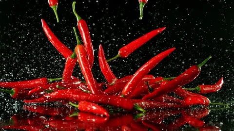 Super Slow Motion of Falling Red Chilli Peppers into Water. Stock Footage 251660019