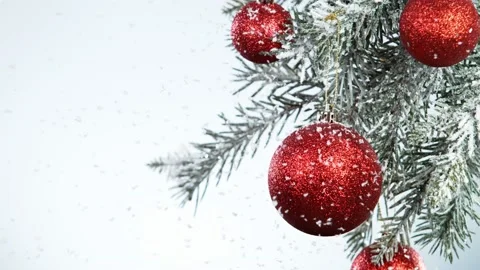 Super slow motion of falling snow with christmas glass balls Stock Footage 163092294