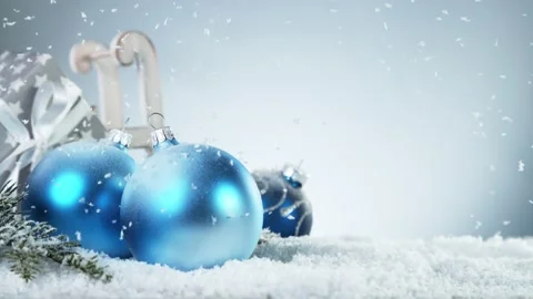 Super slow motion of falling snow with christmas glass balls Stock Footage 163093883