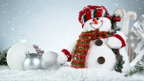 Super slow motion of falling snow with christmas snowman Stock Footage 163097532